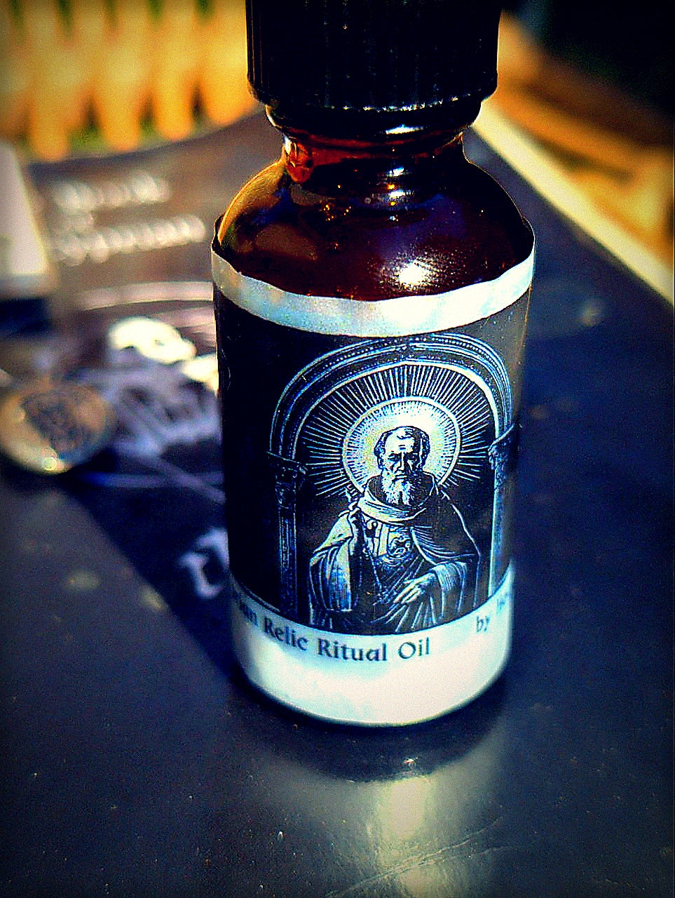Sorcerous moody Saint Cyprian relic ritual oil bottle for Feast Day Bundle