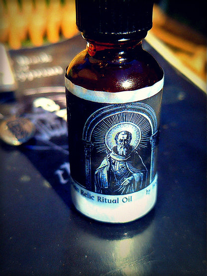 Sorcerous moody Saint Cyprian relic ritual oil bottle for Feast Day Bundle