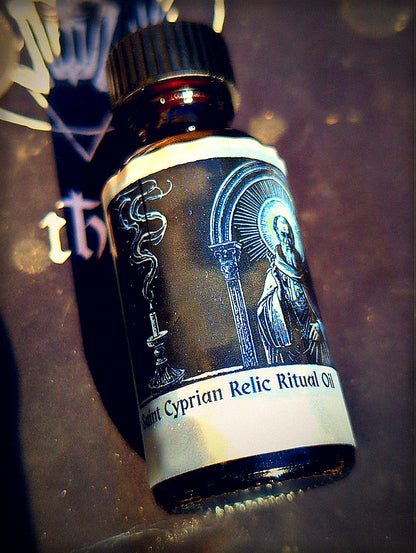 Saint Cyprian relic ritual oil bottle with dark altar mood lighting
