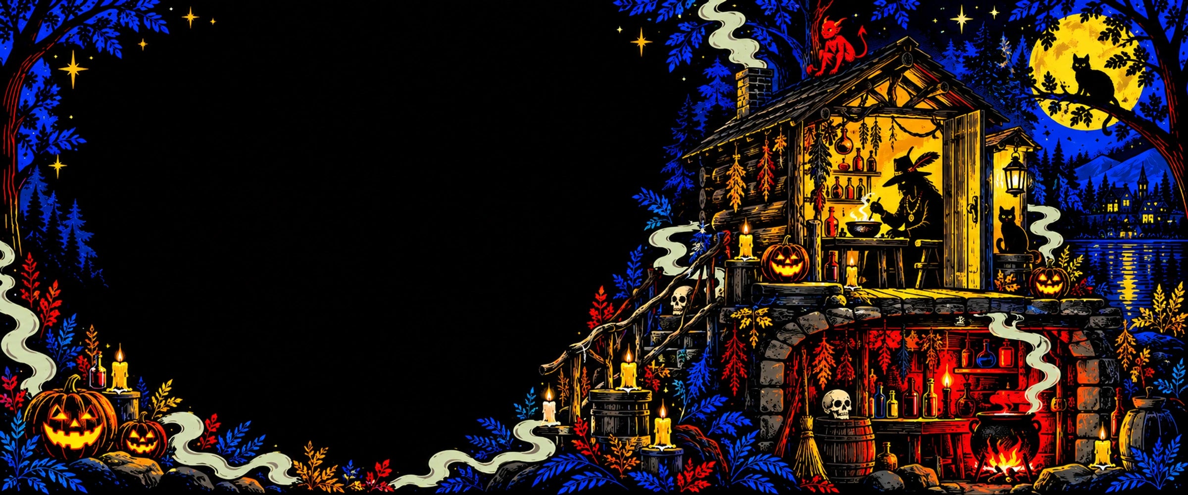 A warmly lit Hoodoo Moses vault and scarlet workshop in a Halloween night forest.