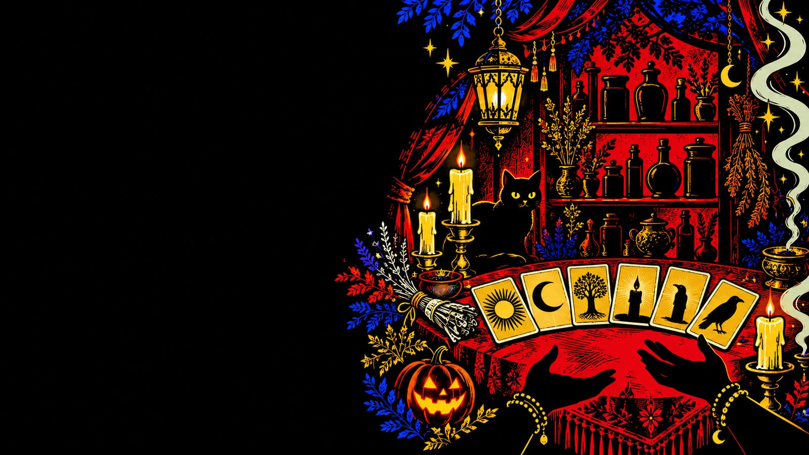 A candlelit tarot table with cards, herbs, pumpkins, and apothecary shelves.