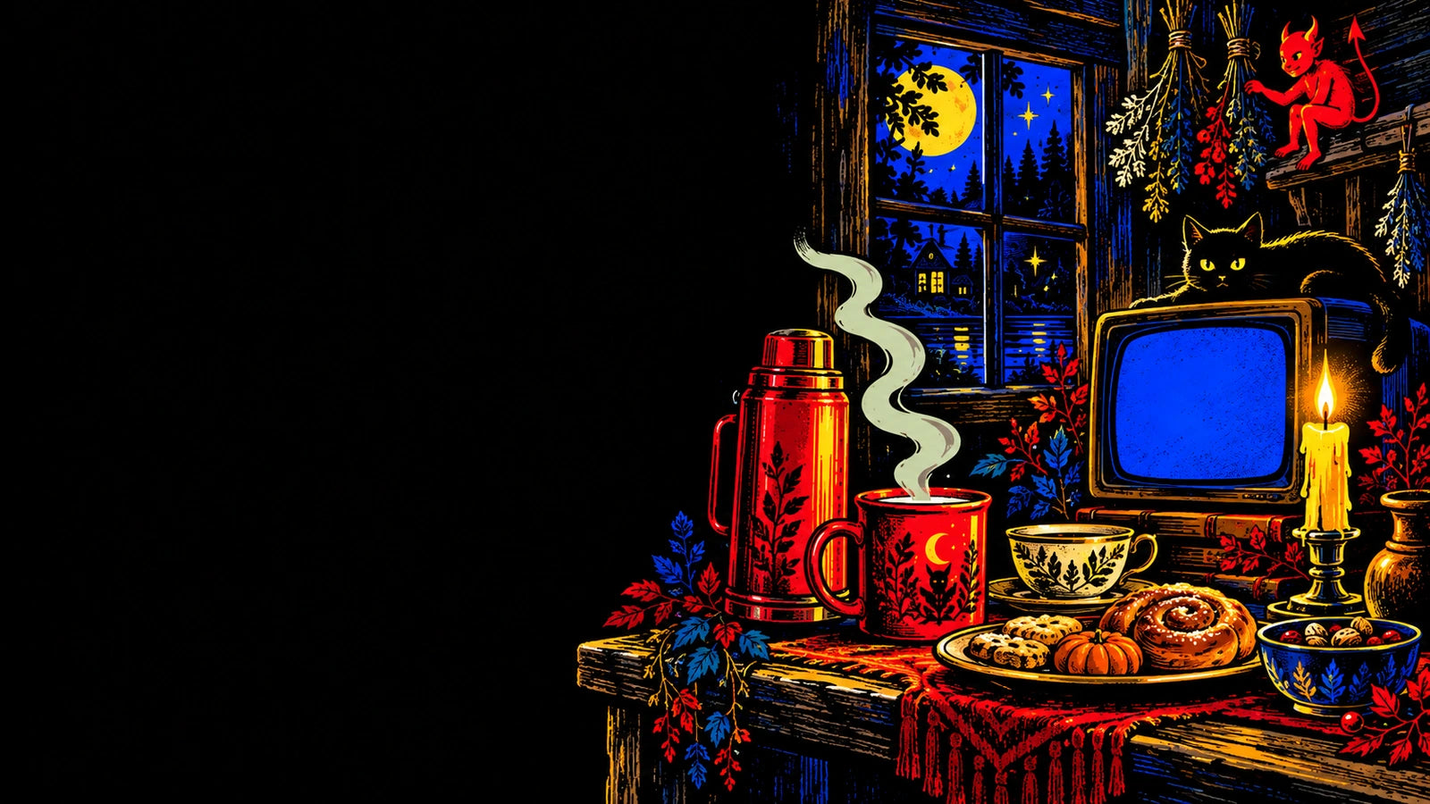 A late-night altar with a red thermos, coffee, tea, snacks, candlelight, and an old monitor.